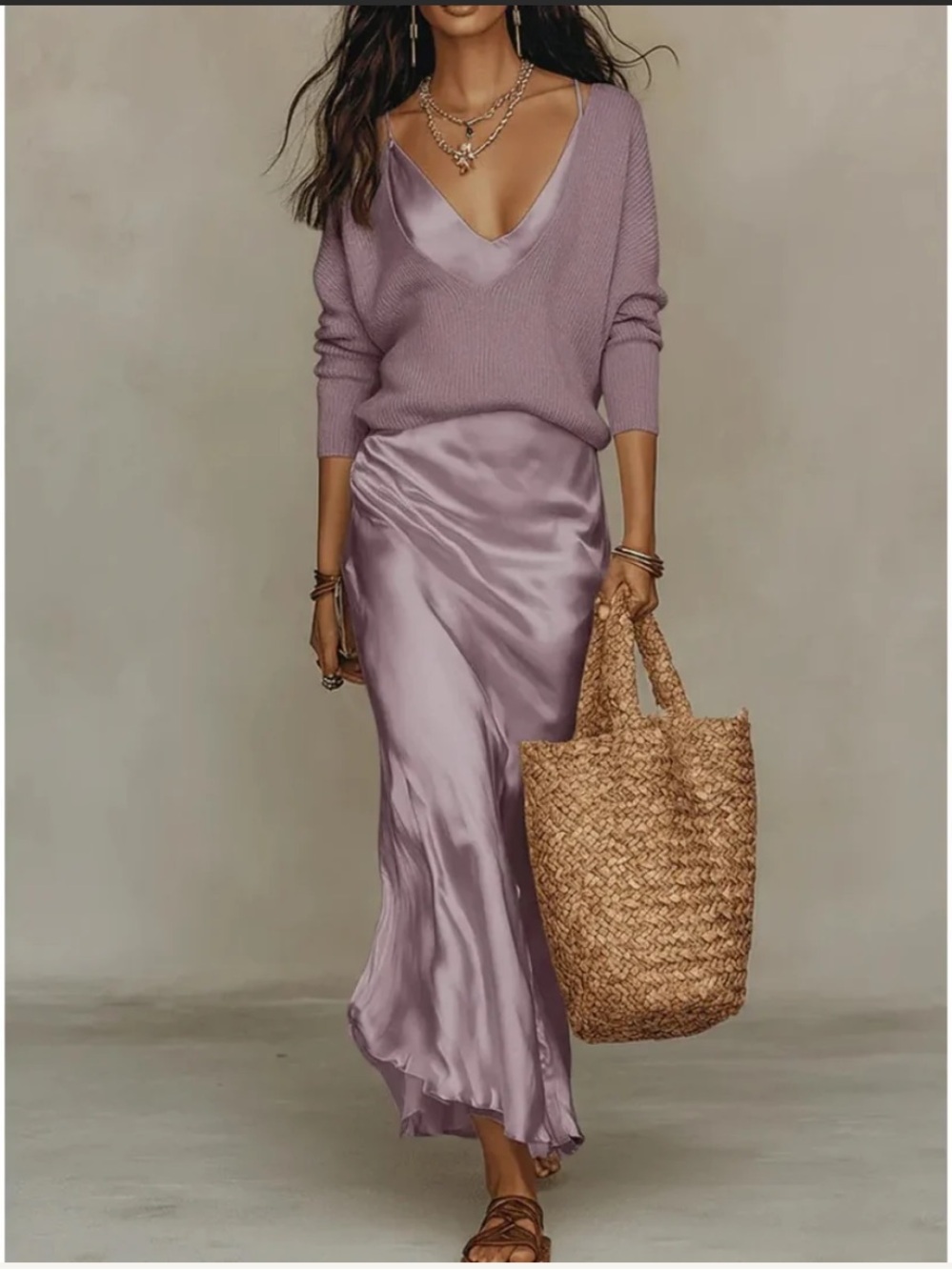 Satin Midi Dress and Knit Sweater Two Piece Set